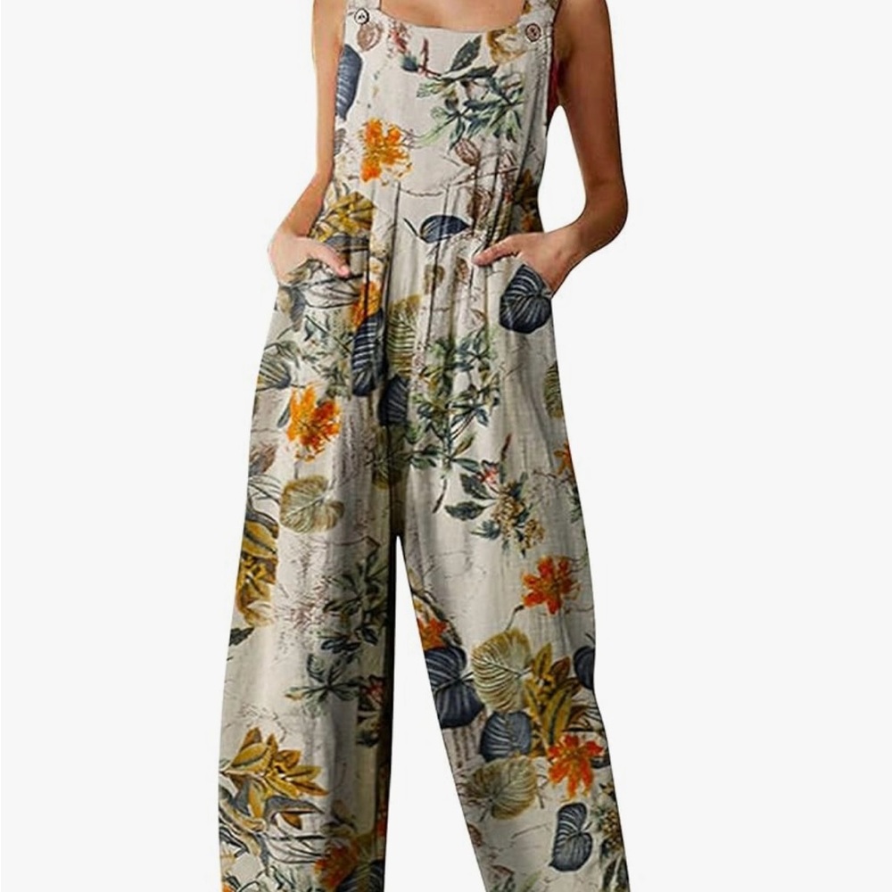 Himosyber Women's  Dual Pocket Jumpsuit Floral Print Bohemian Wide Leg Overall